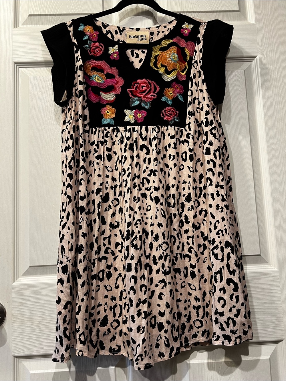 Savanna Jane Black and Light Pink Leopard Print Dress with Embroidered Yoke